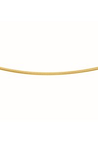 Goldfarbenes Metall-Halsband mit einem flexiblen, schlangenförmigen Design. Verfügt über strukturierte Glieder, die eine glänzende, reflektierende Oberfläche schaffen.