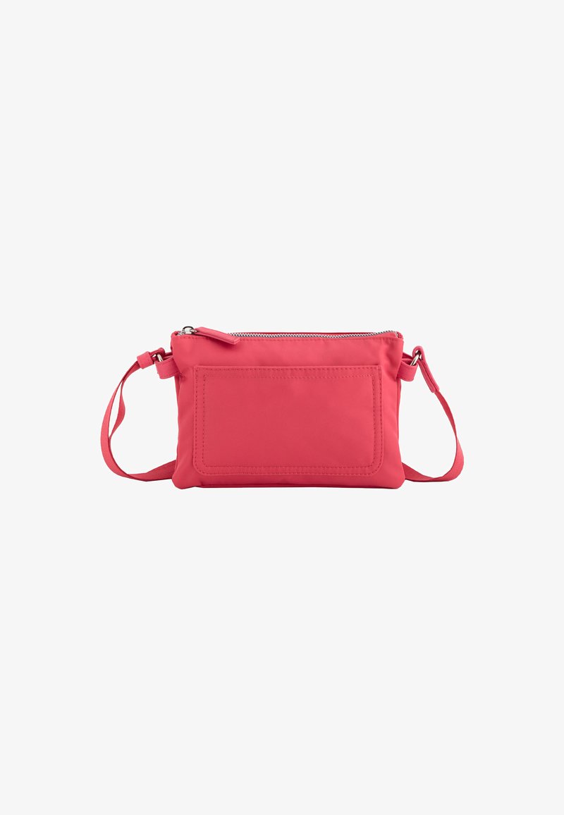 Coral pink crossbody bag made of smooth fabric, featuring a zip closure, adjustable strap, and a front pocket with stitching detail.