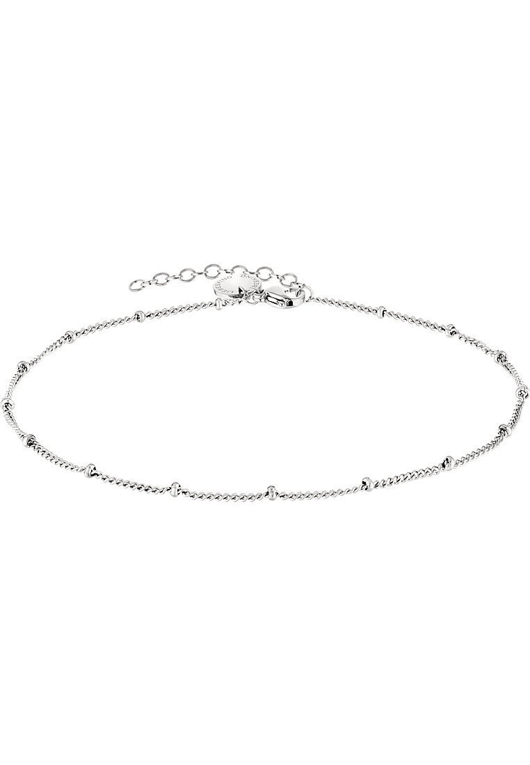Bracciale in argento con piccole perline rotonde, un design intrecciato e chiusura a scorrimento. Lunghezza regolabile con estensione a catena.