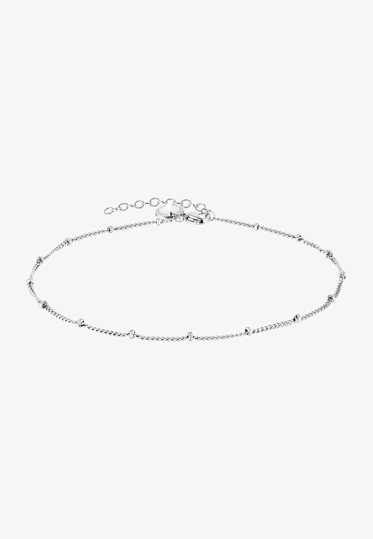 Bracciale in argento con piccole perline rotonde, un design intrecciato e chiusura a scorrimento. Lunghezza regolabile con estensione a catena.