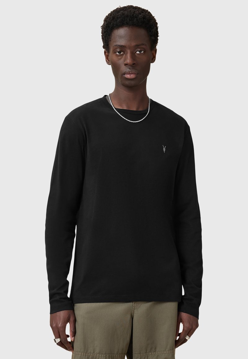 Schwarzes Langarm-T-Shirt aus Baumwollmischung mit dezentem, gesticktem Logo auf der Brust, Rundhalsausschnitt und lockerer Passform.