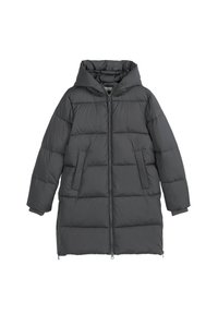 Padded dark gray coat with a hood, front zipper, and two side pockets. Features a quilted design and a knee-length cut.
