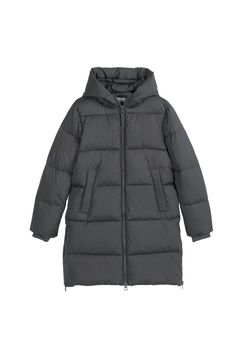 Padded dark gray coat with a hood, front zipper, and two side pockets. Features a quilted design and a knee-length cut.