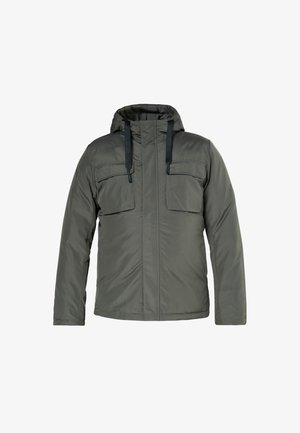 Dunkelgrüne gepolsterte Jacke mit Kapuze, zwei Brusttaschen und einem Frontreißverschluss mit Sturmklappe. Glatte Textur und leichtes Design.