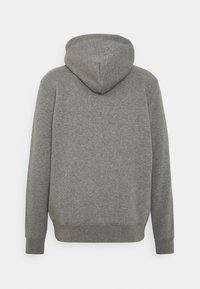 Grå hoodie gjord av mjukt tyg, med huva, långa ärmar och ribbad nederkant. Baksidan är enhetlig utan ytterligare detaljer eller m önster.