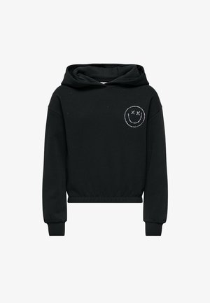 Haut à capuche noir court avec un cordon de serrage et des poignets côtelés. Présente un visage souriant blanc avec des X comme yeux brodé sur la poitrine.