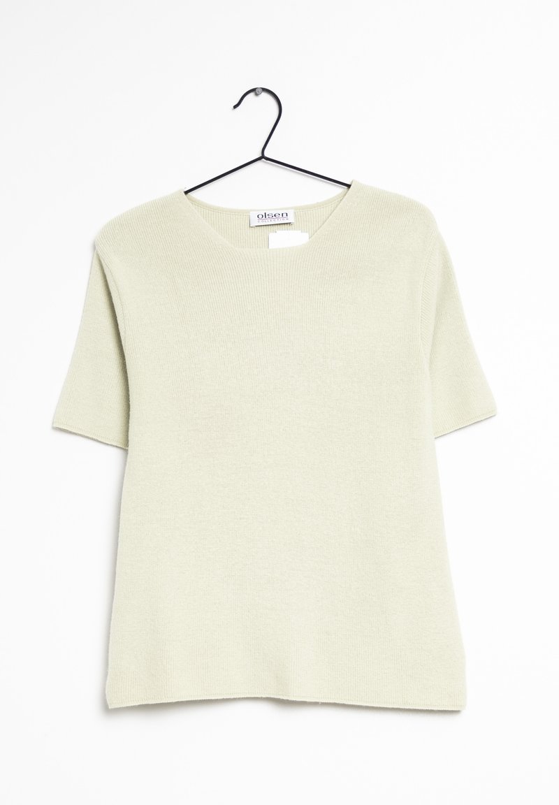 Short-sleeved, light green knit top with a round neckline and a relaxed fit, featuring a subtle ribbed texture. Hangs from a black hook.