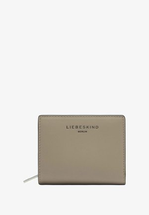 Szary skórzany portfel o gładkiej fakturze, z nadrukowanym logo „LIEBESKIND BERLIN” na przedniej stronie, prostokątny kształt, minimalistyczny design.