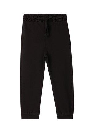 Pantaloni jogger neri realizzati in un tessuto morbido e elasticizzato, dotati di una vita elastica con cordoncino e polsini affusolati alle caviglie.
