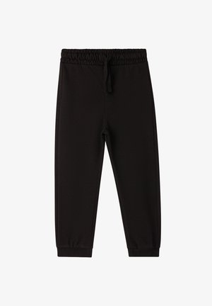 Pantaloni jogger neri realizzati in un tessuto morbido e elasticizzato, dotati di una vita elastica con cordoncino e polsini affusolati alle caviglie.