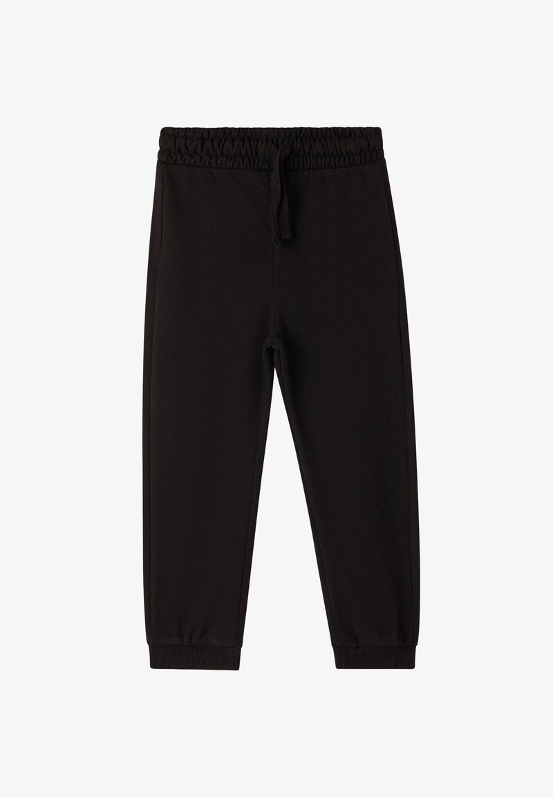 Czarne joggery wykonane z miękkiego, elastycznego materiału, z elastycznym pasem ze sznurkiem oraz zwężanymi mankietami przy kostkach.