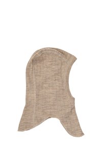 Beżowa kominiarka z polaru, o prążkowanej fakturze, dopasowanym kroju i wyprofilowanym kształcie zapewniającym pełne pokrycie głowy. Brak widocznych elementów metalowych.