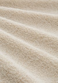 Hellbeiges Fleece-Gewebe mit einer weichen, strukturierten Oberfläche, die ein leicht flauschiges Aussehen und subtile Schattierungsvariationen zeigt.