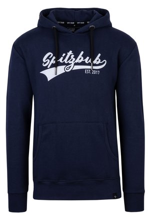 Marineblauer Hoodie mit einer Kängurutasche, Kapuze mit Kordelzug und weißem "SPITZBUB EST. 2017" -Grafik auf der Vorderseite. Weicher Baumwollmischstoff.