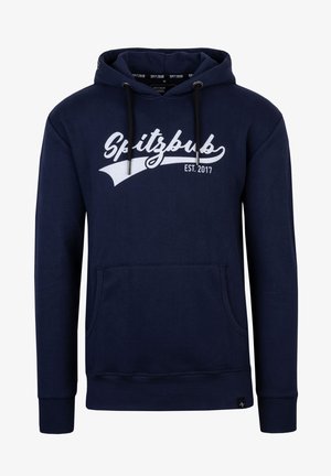 Marineblauer Hoodie mit einer Kängurutasche, Kapuze mit Kordelzug und weißem "SPITZBUB EST. 2017" -Grafik auf der Vorderseite. Weicher Baumwollmischstoff.