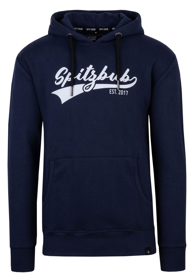 Marineblauer Hoodie mit einer Kängurutasche, Kapuze mit Kordelzug und weißem "SPITZBUB EST. 2017" -Grafik auf der Vorderseite. Weicher Baumwollmischstoff.