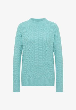 Maglione azzurro chiaro a maglia cable, con collo rotondo, maniche lunghe e motivi texturizzati in tutto il capo. Materiale morbido e accogliente.