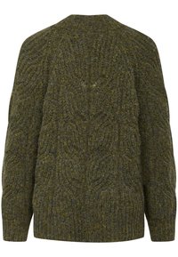 Sweter w kolorze oliwkowej zieleni, wykonany z dzianiny w splot warkoczowy, z teksturowanym wzorem, długimi rękawami i okrągłym dekoltem. Miękki materiał o przytulnym wyglądzie.