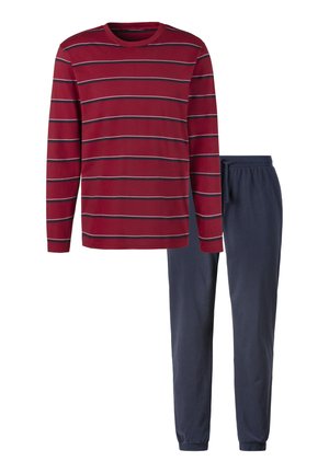 Long-sleeve red top with navy and white horizontal stripes paired with solid navy elastic-waist jogger pants.