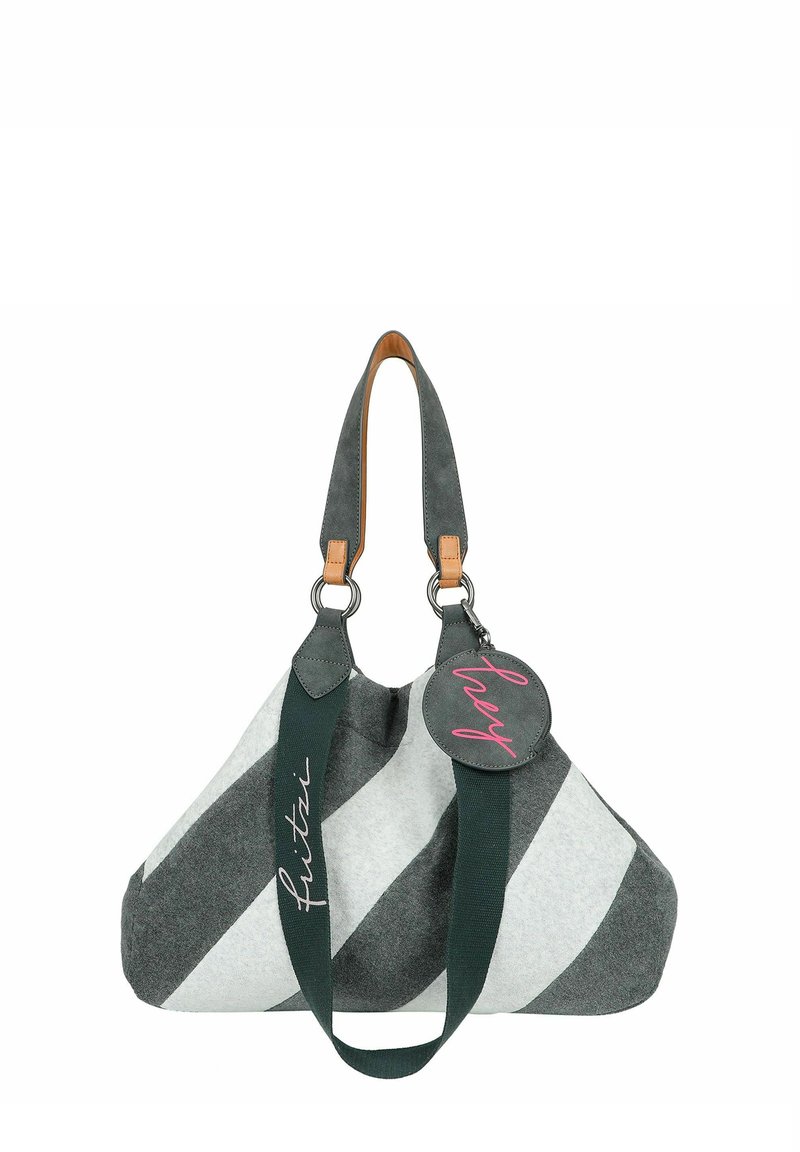 Borsa di stoffa a strisce grigie e bianche con dettagli in pelle, forma arrotondata, doppi manici e un'etichetta circolare con la scritta "hey" in lettere rosa.
