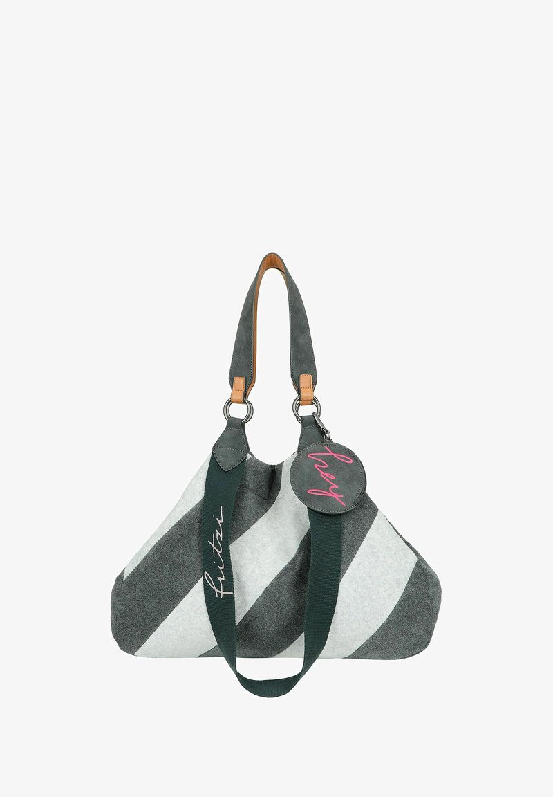 Borsa di stoffa a strisce grigie e bianche con dettagli in pelle, forma arrotondata, doppi manici e un'etichetta circolare con la scritta "hey" in lettere rosa.