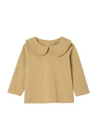 Long-sleeve mustard yellow shirt featuring a large, ruffled collar and button closure at the back, made of soft cotton material.