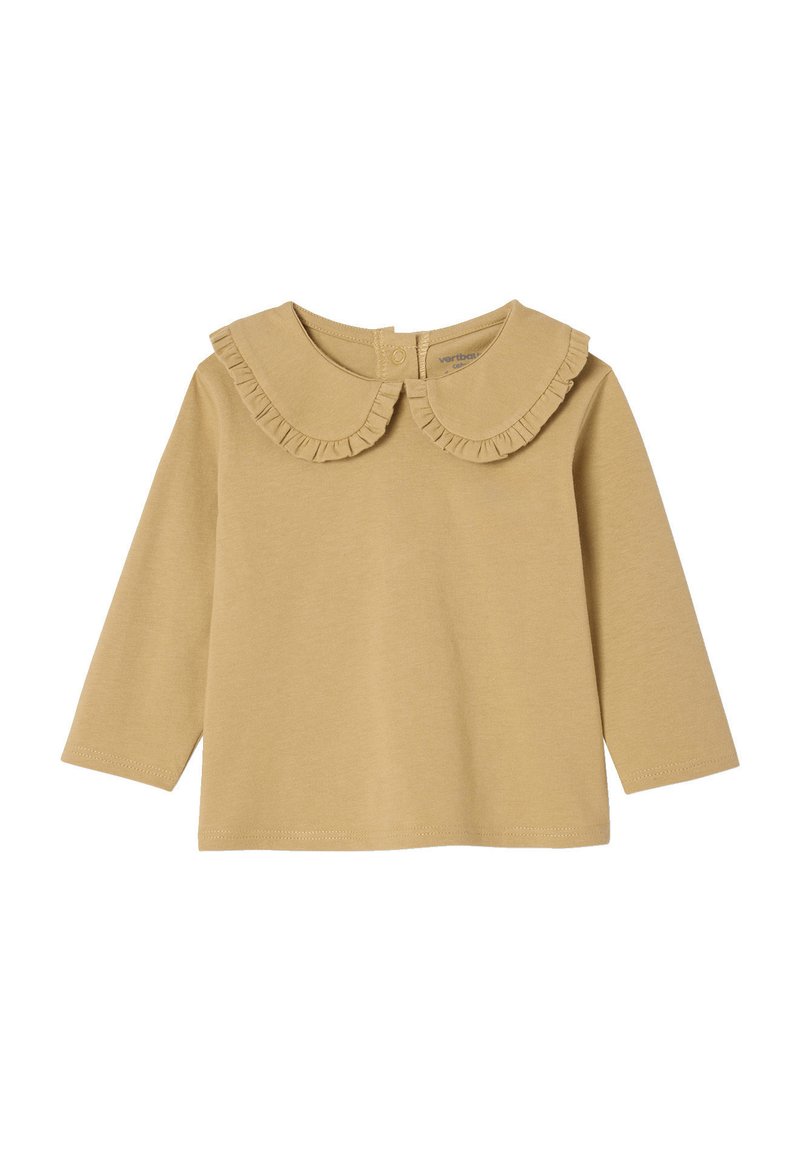 Long-sleeve mustard yellow shirt featuring a large, ruffled collar and button closure at the back, made of soft cotton material.