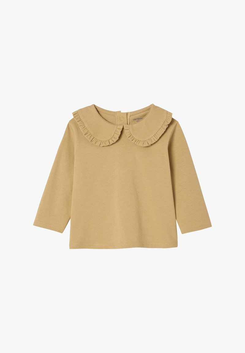Long-sleeve mustard yellow shirt featuring a large, ruffled collar and button closure at the back, made of soft cotton material.