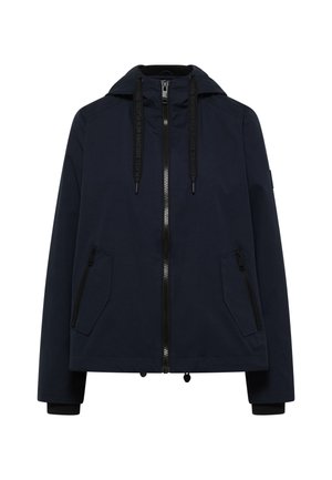 Veste à capuche bleu marine avec fermeture éclair à l'avant, poches latérales zippées, cordons de serrage ajustables sur la capuche et poignets côtelés.