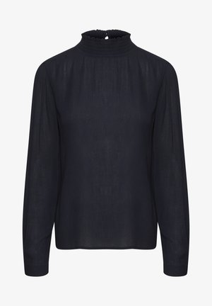 Tums zila garām piedurknēm blūze ar augstu smockēto apkakli, teksturētu audumu un platu piegriezumu. Iespējas taisnais apakšmala un pieguļoši aproces.