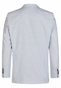 Hellgraue Jacke mit glatter Textur, strukturiertem Design und schmalem Schnitt. Auffällige Details sind dunkle Knöpfe und ein einzelner Schlitz.