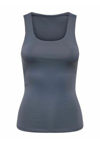 Sivý priliehavý tielko s okrúhlym výstrihom a bezrukávovým designom, vyrobené z hladkej, elastickej látky. Žiadne viditeľné vzory ani kovové detaily.
