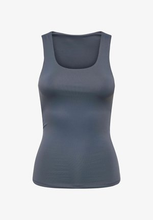 Harmaa sovitettu tankkitoppi, jossa on pyöreä pääntie ja hihattomuus, valmistettu sileästä ja venyvästä kankaasta. Ei näkyviä kuvioita tai varusteita.