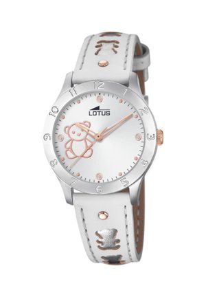Weißes Lederarmbanduhr mit silbernem Gehäuse, auf dem Zifferblatt mit einem Bärenmotiv und rosévergoldeten Akzenten, verziert mit Bärenmustern auf dem Armband.