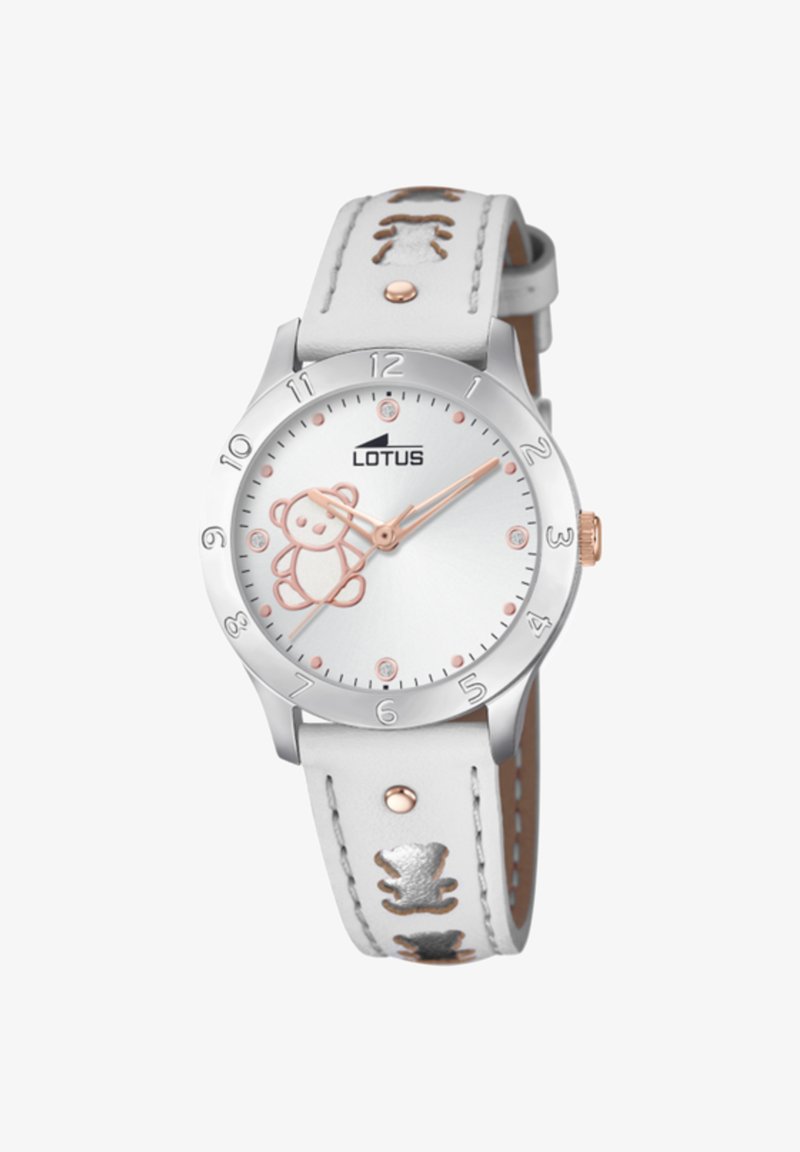 Orologio con cinturino in pelle bianca e cassa in argento, caratterizzato da un design di orso sul quadrante e dettagli in oro rosa, abbellito con motivi di orso sul cinturino.