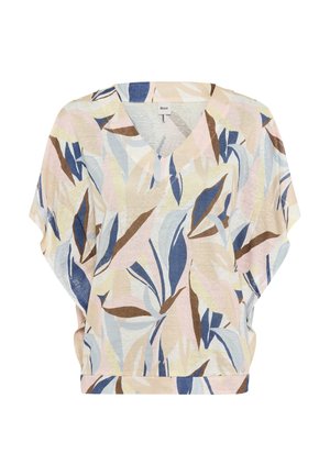 Kortærmet V-hals top med løs pasform, med abstrakt bladmønster i beige, blå, pink og brun på letvævet stof.