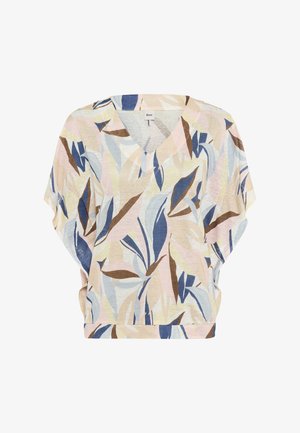 Kortærmet V-hals top med løs pasform, med abstrakt bladmønster i beige, blå, pink og brun på letvævet stof.