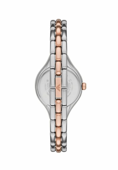Silver and rose gold metal wristwatch with a rectangular link bracelet and a round case. Smooth surface, minimalistic design.