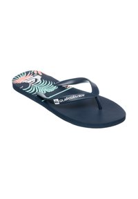 Tongs bleu marine avec un semelle texturée et un motif floral en vert et corail. Dotées d'une fine sangle et du logo Quiksilver sur la semelle.