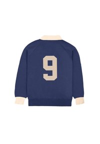 Navy blue long-sleeve sports sweater with beige collar, cuffs, and number 9 printed on the back.