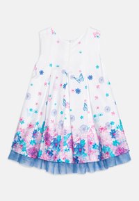 Abito senza maniche bianco per ragazza con orlo in tulle blu, decorato con fiori e farfalle pink e blu, chiusura con zip sul retro.