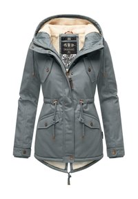 Light gray outdoor jacket with a hood, faux fur lining, drawstring waist, two front pockets, and decorative hardware details.