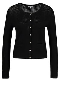 Černý cardigan s dlouhými rukávy, kulatým výstřihem a zapínáním na knoflíky, které mají stříbrný tón. Má strukturovaný pletený design a dvě přední kapsy.