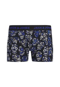 Μαύρα ανδρικά εσώρουχα boxer με πολύχρωμο σχέδιο κρανίου και λουλουδιών, με μωβ λάστιχο στη μέση που γράφει "JACK & JONES", κατασκευασμένα από ελαστικό ύφασμα.