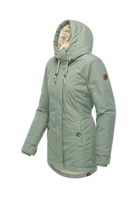 Light green hooded jacket with a quilted interior, gold-toned hardware, drawstring closure, and two front pockets with snap buttons.