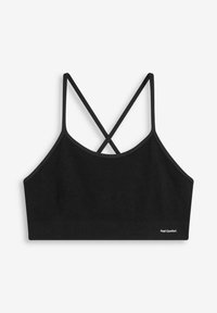 Bralette nera a coste realizzata in tessuto morbido con sottili spalline incrociate sul retro. Presenta un piccolo tag bianco "Feel Comfort" sul bordo.