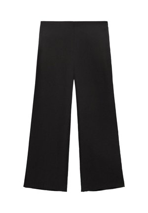 Schwarze weit geschnittene Hose mit hoher Taille aus glattem Stoff, flach auf weißem Hintergrund präsentiert.