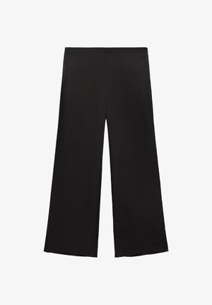 Fekete, bőszárú, magas derekú nadrág, sima anyagból, fehér háttéren elterítve.