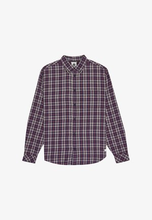 Herren kariertes Button-down-Hemd in Marineblau, Rot und Weiß; verfügt über einen Kragen, lange Ärmel und eine Brusttasche mit normaler Passform.