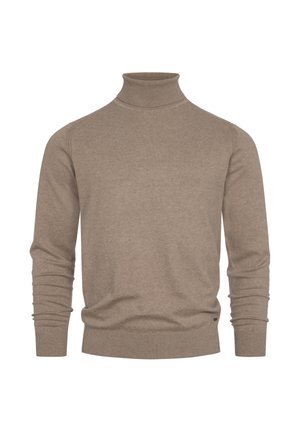 Brązowy sweter golfowy wykonany z miękkiej dzianiny, z prążkowanymi mankietami i dołem. Posiada dopasowany krój oraz subtelny detal z logo po bokach.